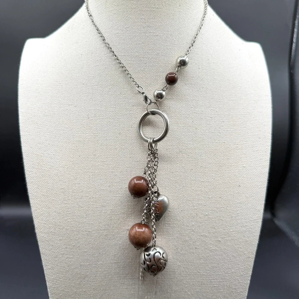 Silver Tone Brown Bead Tassel Necklace Heart Charm Circle Pendant Boho Jewelry